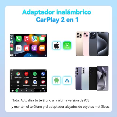 Adaptador Carplay Inalambrico y Android auto, [Integrado 2 en 1] USB y Type-C 5.2 Bluetooth Adapter Auto, Plug&Play, para iPhone y Android, 5GHz WiFi Adaptadores 98% Coches OEM CarPlay con Cable