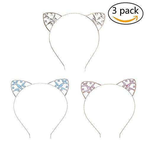 SoEasy 3 Pack Crystal Cat Ears Hair Hoop Headband Set for Women Girls Cats Ears Hairband Headwear Hair Accessories