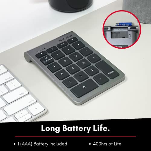 Macally Rechargeable Bluetooth Number Pad – Wireless Numeric Keypad For Mac, Windows, Laptops (Aluminum, Portable)