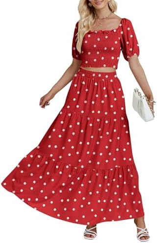 Rooscier Women's 2 Piece Outfit Polka Dots Shirred Crop Top Beach Maxi  Skirt Set Red Medium price in UAE | Amazon UAE | kanbkam