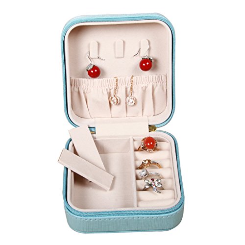 PUSU Small Portable PU Leather Jewelry Box Display Organizer Travel Storage Case for Rings Earrings Necklace (Blue)