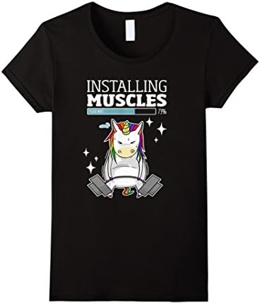 Women's Installing Muscles Unicorn Please Wait Funny T Shirt Medium Black