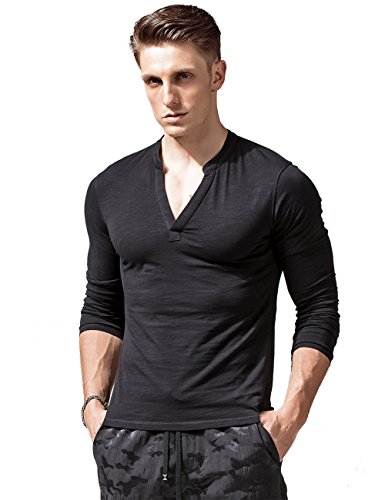 XShing Mens Long Sleeve T Shirts Slim Fit Deep V Neck Athletic Casual