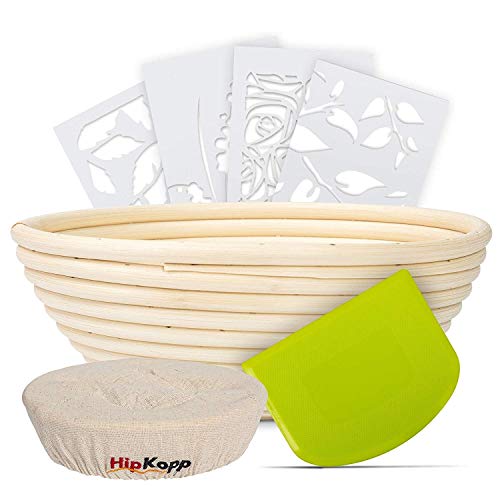 HipKopp 8.5 inch Banneton Bread Proofing Basket Set - eco-friendly Material Rattan Shape Loaf Bowl -Sourdough Kitchen Silicone Scraper Cloth Liner kit - 4 Customised Stencils for Professional Baking