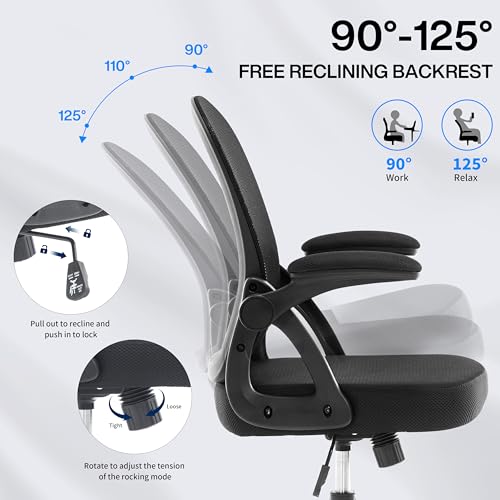 Fizzin Ergonomic Office Chair, Home Desk Chair, Adjustable Lumbar Support and Padded Seat, Breathable Mesh Computer Chair with Reversible Padded Armrests, Home Office Chair (Black)