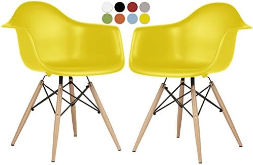 Eames Style Chair by La Valley - Set Of 2 - Mid Century Modern Eames Molded Armchair with Dowel Wood Eiffel Legs - for Dining Room, Kitchen, Bedroom, Lounge - Easy-Assemble &amp; Clean - Yellow