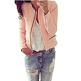 Women Fashion Casual Long Sleeve O Neck Front Zipper Pink Coat Jacket (L)