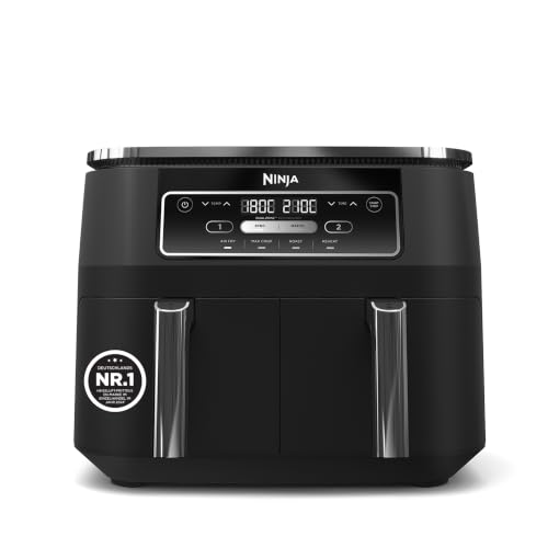Ninja Foodi Dual Zone Airfryer Heißluftfritteuse, 2 Fächer, 7,6 l, 4-in-1, ohne Öl, Heißluftfrittieren, Max Crisp, Braten, Aufwärmen, antihaft, spülmaschinenfester Korb & Knusperblech, Schwarz AF200EU