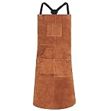 QeeLink Leather Welding Apron - Heat & Flame-Resistant Heavy Duty Work Apron with 6 Pockets, 42" Extra Large & Cross Back Extra Long Strap, Adjustable M to XXXL Aprons for Men & Women (Brown)