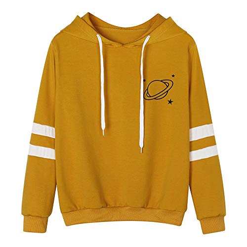 Aunimeifly Women Hoodie Ladies Stripe Long Sleeve Blouse Planet Printed Hooded Casual Drawstring Sweatshirt Yellow - Thumbnail 6
