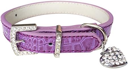 FUNPET Rhinestone Leather Dog Collar Crocodile Pattern with Bling Heart Accessories for Girl Dogs and Cats Purple S