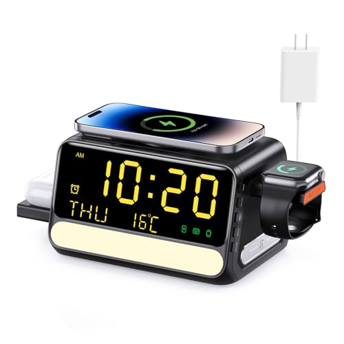 Soporter Cargador Inalámbrico 7 en 1 con Reloj y Luz Nocturna, Estación de Carga Rápida 33W para iPhone 17/16/15/14/13/12, Apple Watch, AirPods y Samsung S26 S25 Ultra Watch