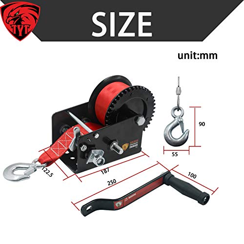 TYT New 2500lbs Hand Winch Crank Gear Winch with Strap, Manual Winch with High Carbon Steel, 8M Strap Boat Trailer Winch, 4:1 8:1 Gear Ratio Boat Winch for ATV SUV UTV (Black Winch and Red Strap) - Image 3