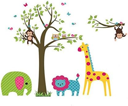 Elephant,giraffe,lion,owl & Moneky Playing on Tree Removable Animal Nursery Wall Decal Sticker Mural Decor for Children Room