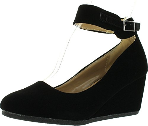 Forever Link Women s Patricia-03 Ankle Strap Faux Suede Wedge Pumps,Black Suede,10