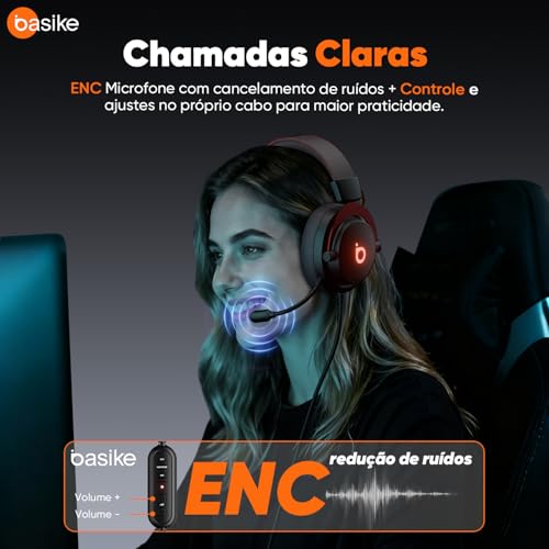 Basike Fone de ouvido jogos para PC - Headset Gamer Pro Ba-FON340 com Microfone, Modo FPS/Música, com som surround 7.1, Falante de 50mm, USB Compatível com Win7/10/11/MAC/PS4/PS5 (Preto)