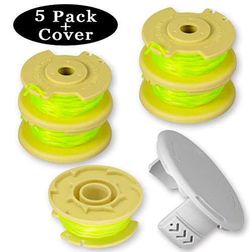 Newjinda [5 Pack+1 Cover] Line String Trimmer Replacement Spool for Ryobi One Plus+ 18V 24V 40V, 11ft 0.080" Autofeed Weed Eater String, (5 Spool, 1 Trimmer Cap)