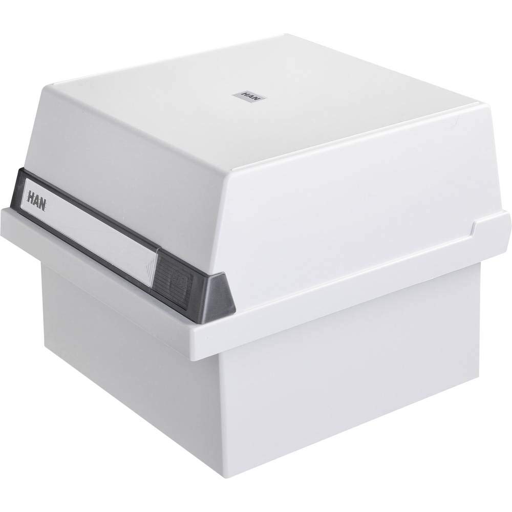 HAN 965-11, Card filing box A5 landscape. Innovative, attractive design holds 800 cards, readjustable lid supplied with large inscription label, light-grey