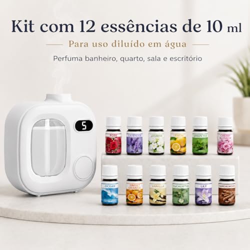 Aromatizador Automático com 12 Essências, Difusor de Aromas Elétrico USB Recarregável, Umidificador de Ar Portátil com Display Digital 5 Modos, Branco