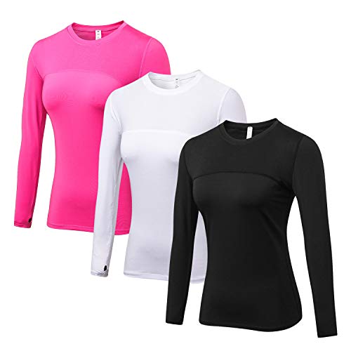 WANAYOU Women's Compression Tops Performance Athletic Long Sleeve Shirt Moisture Wicking Workout T-Shirt Tops (S(US4-6), 3 Pack（Black+White+Rose)）)