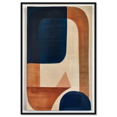 Art Remedy Blue With Cream Canvas Midcentury Abstract Wall Art, Black Frame, 30…