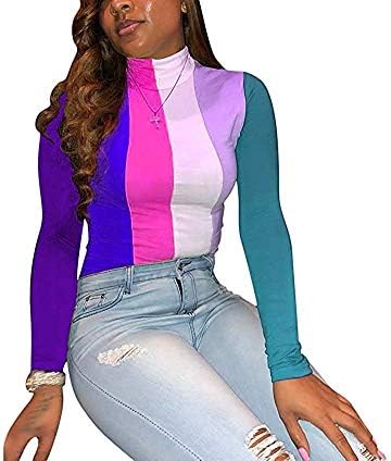 Womens Long Sleeve Turtleneck Pullover Shirt Rainbow Stripe Print Slim Fit Blouse Top