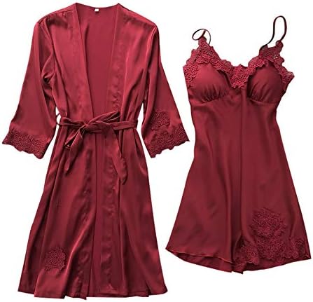 YOMXL 2 Piece Sleepwear Kimono Set - Women's Robe Nightgown Sexy Silk Satin Camisole Pajama Dress Lingerie Cover Up Cardigan