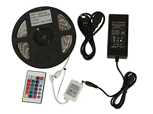 DNY 16.4ft/5m LED Light Strip Waterproof 12V 5050 RGB（300Leds）, Color Changing LED Rope light with Full Function Remote and 5A Power Supply