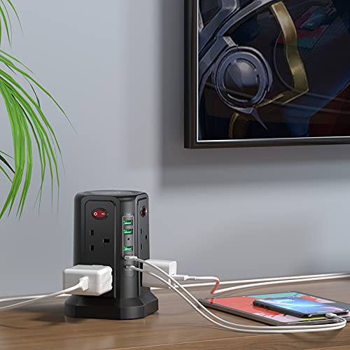 Tower Extension Lead 5M, bedee Plug Extension with 5 USB Slots (1 USB C /18W Fast Charging) and 8 Outlets, Surge Protector Power Strip Tower for TV PC Laptops iPhones with 5M Extension Cord, Black