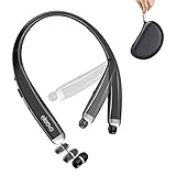 Eleovo Foldable Bluetooth Headphones Retractable Earbuds Neckband Headsets Build in Mic Noise Cancelling Earphones Call Vibrate Alert, Carrying Bag, for Cell Phone/Tablets/TV