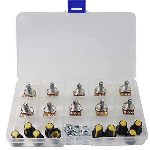 10 Pcs B1K B2K B5K B10K B20K B50K B100K B250K B500K B1M Ohm Knurled Shaft Linear Rotary Taper Potentiometers with Cap Washer Nut