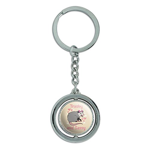 Trashy and Sassy Opossum Funny Spinning Round Chrome Plated Metal Keychain Key Chain Ring