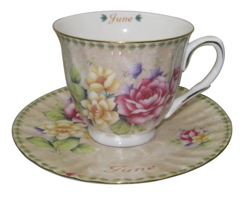 Gracie China by Coastline Imports Tea Cup and Saucer with Gold Trim, Gift Boxed, Month of June, 8-Ounce