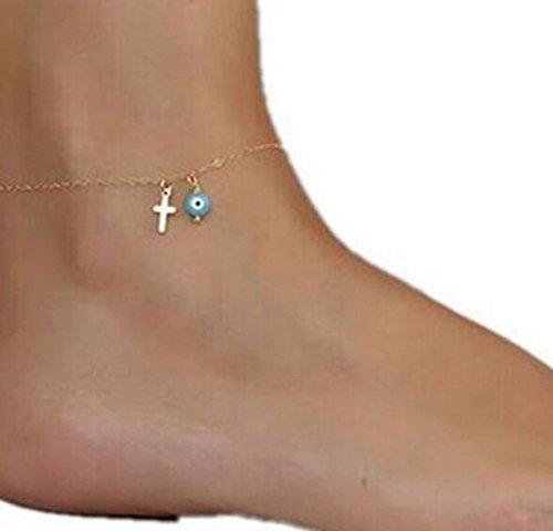 WIIPU Women blue evil eye with cross pendant summer beach anklet(ANK25)