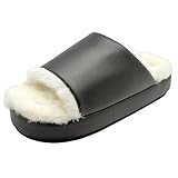 Alice Women Winter Plush Outdoor Slippers Mules And Clogs Warm Indoor Comfortable Anti-slip Floor House Slippers (S, Black)