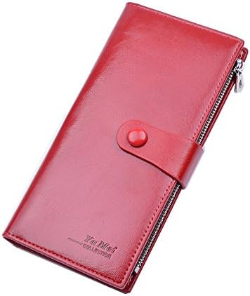 Women's Wallet Large Capacity Wax Leather Clutch Card Holder Ladies Purse (Red)