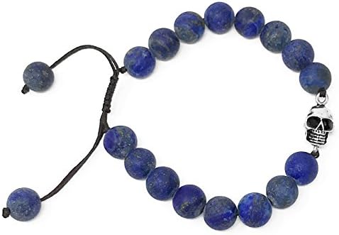 Men Women 8mm Natural Stone Real Sandstone Stainless-Steel Skull Charm Beads Bracelet (Style3)