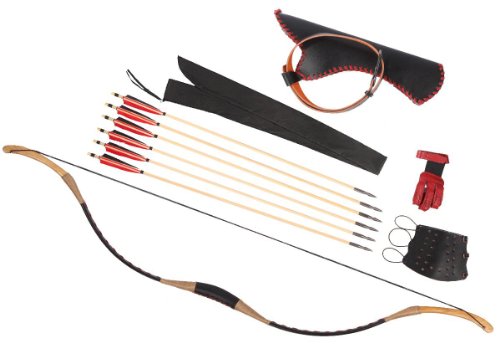 Combination Set Horsebow Traditional Archery Cow Leather Longbow Recurve Bow 6 Wood Arrows 30-80LBS CB4QSC (75 LB)