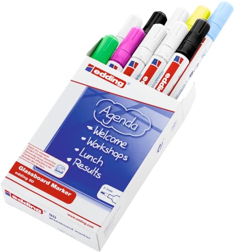 edding 90 glassboard marker - multi-coloured - 10 glass pens - round nib 2-3 mm - washable window marker pens - for writing and marking on glass surfaces such as windows and glassboards - dry-wipeable
