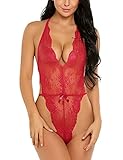 Avidlove Women V Neck Lingerie One Piece Babydoll Lace Bodysuit Dark Red M