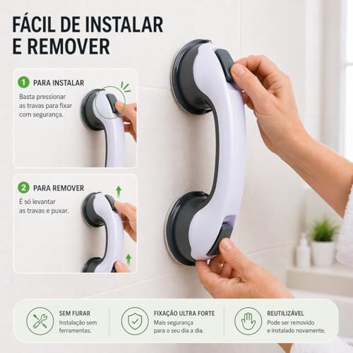 Barra de Apoio Banheiro com Ventosa Kit 2 Unidades Portatil Suporte para Idoso Antiderrapante Para Vaso Chuveiro Banheira Segura Ate 100kg
