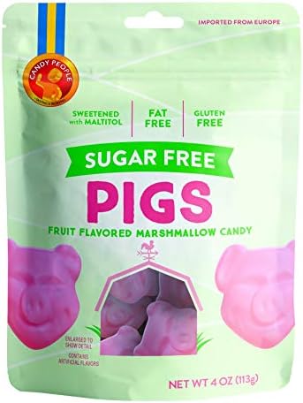 Candy People Sugar Free Strawberry Flavored Marshmallow Pigs Gummy Candy, 4 Ounce Resealable Pouch – Gluten-Free and Fat-Free, 5 Bags