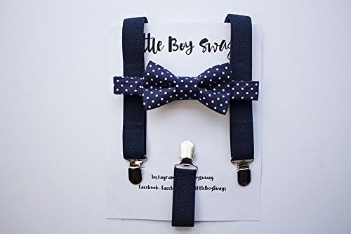 Navy White Polka Dot Bow Tie with Navy Suspenders. A stylish look for weddings, ring bearers, groomsman, birthday parties, cake smash or family photos.