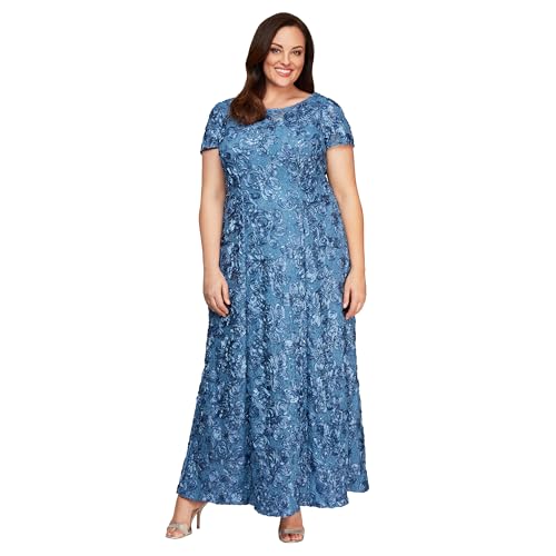 Alex Noches de la Mujer Plus tamaño Largo a-Line Rosette Vestido con Manga Corta - Azul -
