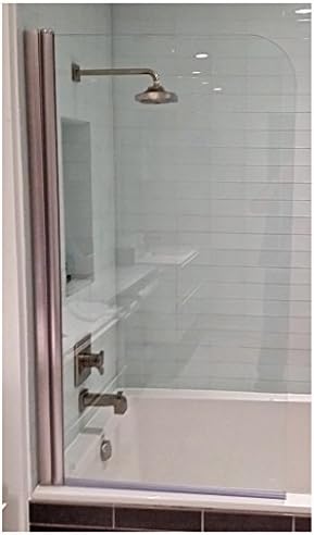 Semi-Frameless Bathtub Shower Screen, Pivot Door, 70 X 30, 5/16 (8mm) Glass With Round Top Corner And ClearShield® Coating On Both Faces, Brushed Silver Hinge. Model 703008NPRC