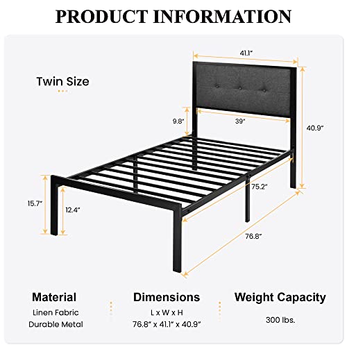 SHA CERLIN Twin Size Bed Frame with Upholstered Headboard, Platform Bed