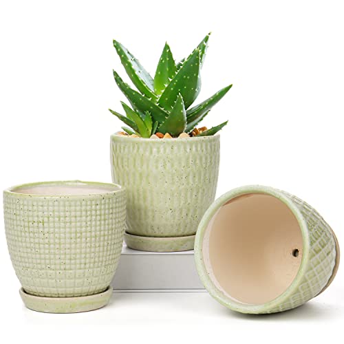 Oiarse 3PCS Plant Pots Indoor Ceramic Flower Pots Round Garden Planters with Saucer Tray + Drainage Holes, Succulent Plant Pot/Cactus Plant Pot, 11CM