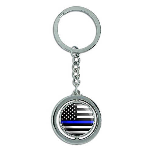 Thin Blue Line American Flag Spinning Round Chrome Plated Metal Keychain Key Chain Ring