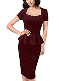 SYLVIEY Womens Elegant Vintage Peplum Wear To Work Business Pencil Dress (XX-Large, Wine)