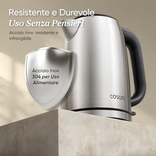 COSORI Stainless Steel Electric Kettle, 1.7 L, 2200 W, Plastic Free on Water Contact, Strix Technology, Boil in 3 Minutes, Wide Opening, 360° Swivel Base, Silver